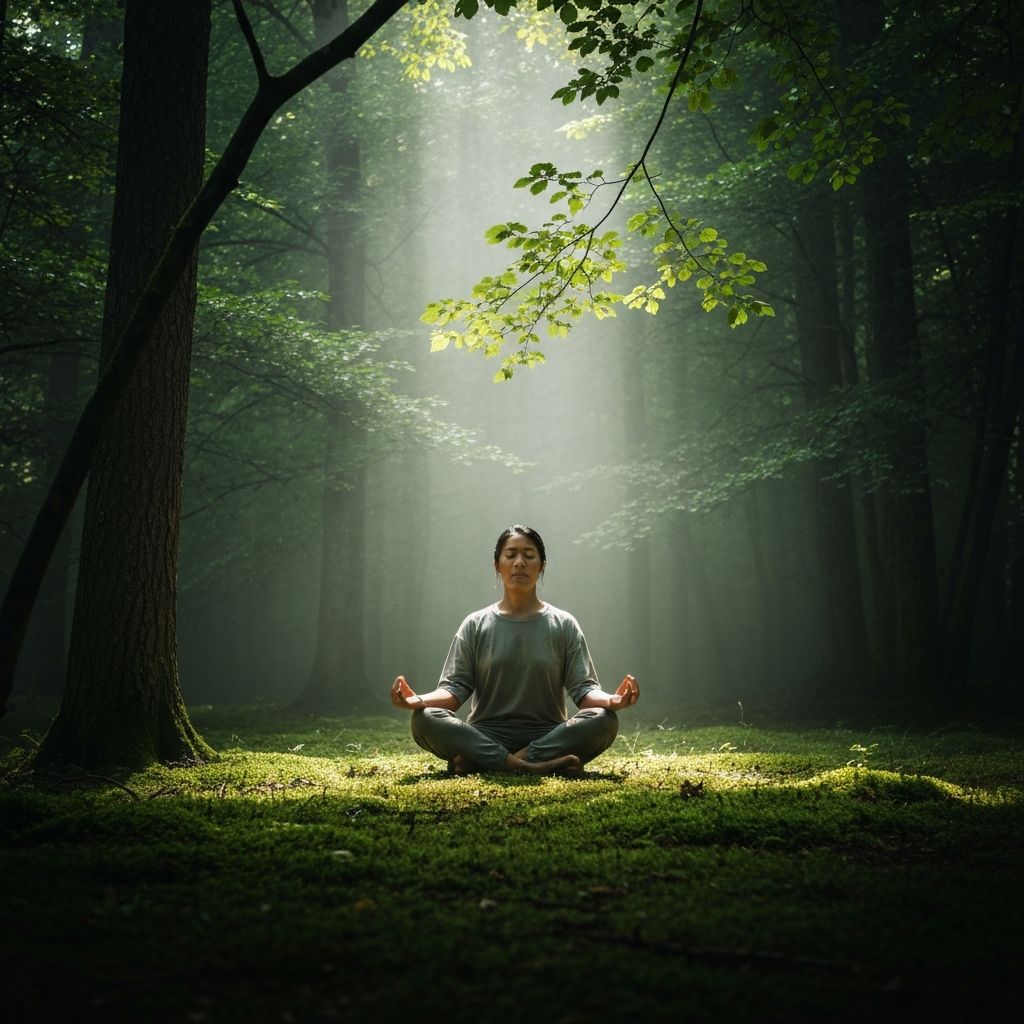 Особа која медитира у природи окружена шумом