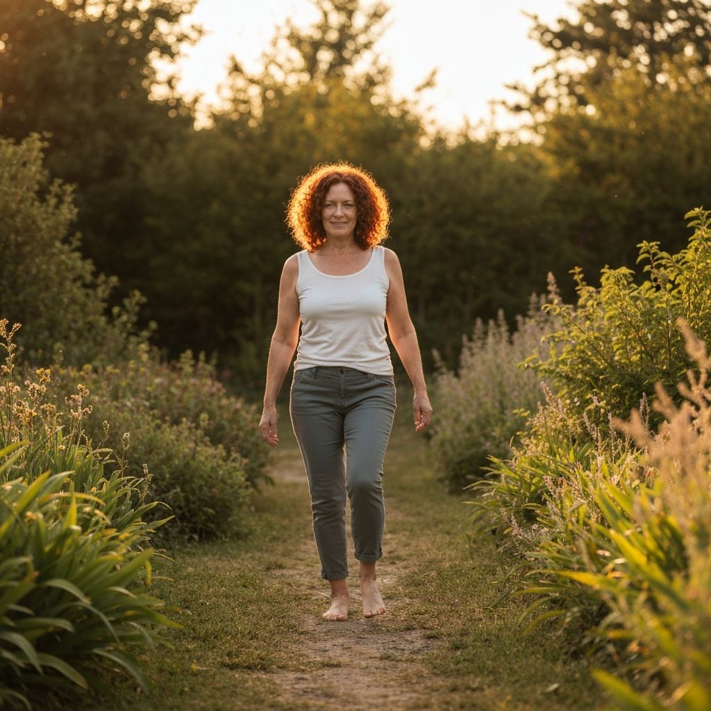 Жена која се шета барфут кроз баште у природи